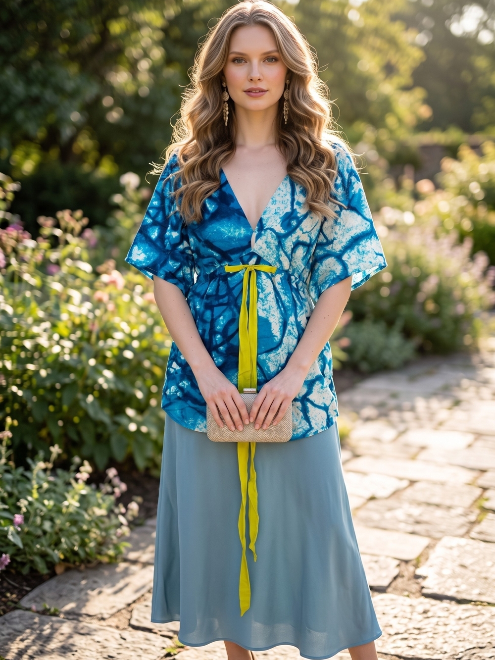 Yoana Baraschi Silk Blue Tie-Dye V-Neck Tunic with Yellow Waist Tie